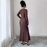 Patchwork Lace Long Sleeve Ruched Long Dress GZJF-10193