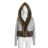 Patchwork Furzzy Neck Hooded Cardigan GDSF-J25TP395