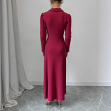 Single Breasted Solid Color Lantern Sleeve Long Dress GZJF-10192