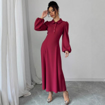 Single Breasted Solid Color Lantern Sleeve Long Dress GZJF-10192