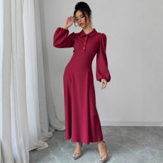 Single Breasted Solid Color Lantern Sleeve Long Dress GZJF-10192