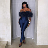 One Shoulder Furzzy Neck Patchwork Jumpsuit  MXBF-Y25JP469
