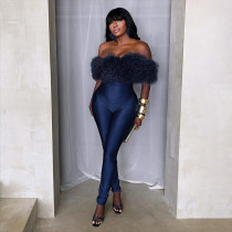 One Shoulder Furzzy Neck Patchwork Jumpsuit  MXBF-Y25JP469