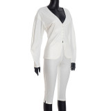 Solid Color V Neck Blazer Seven-Tenths Pants Two Piece Set GDSF-J25ST394