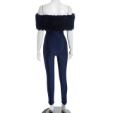 One Shoulder Furzzy Neck Patchwork Jumpsuit  MXBF-Y25JP469