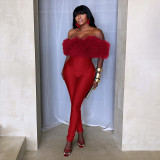 One Shoulder Furzzy Neck Patchwork Jumpsuit  MXBF-Y25JP469