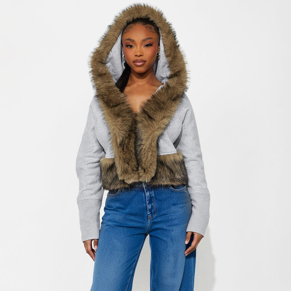 Patchwork Furzzy Neck Hooded Cardigan GDSF-J25TP395