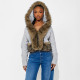 Patchwork Furzzy Neck Hooded Cardigan GDSF-J25TP395