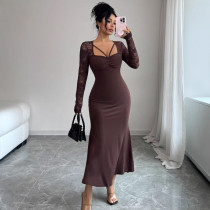 Patchwork Lace Long Sleeve Ruched Long Dress GZJF-10193