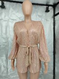 Long Sleeve Sequin Solid Color Belt Romper GYOM-8930
