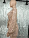 Long Sleeve Sequin Solid Color Belt Romper GYOM-8930