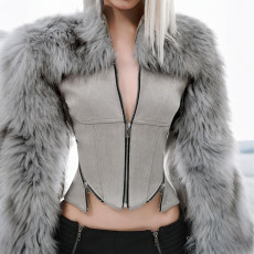 Zipper Long Sleeve Furzzy Patchwork Jackets GSLF-K25C83769