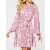 Plus Size Long Sleeve Sequin Tie Up Mini Dress GYOM-8919