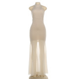 Solid Color Mesh Patchwork Sleeveless Maxi Dress GSLF-K25D86497