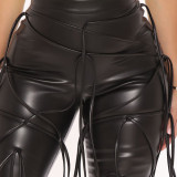 Casual Tie Up PU Leather Pants GYOM-K8707