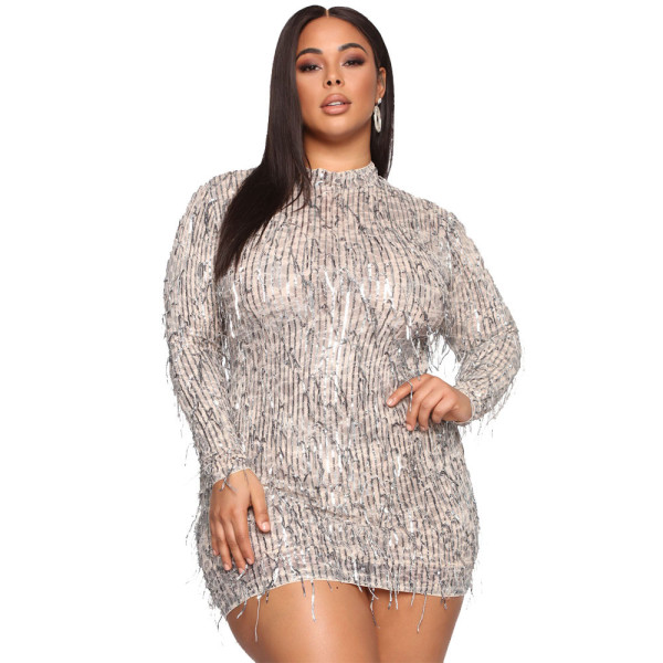 Plus Size Long Sleeve Sequin Tassel Mini Dress GYOM-8878