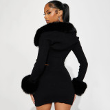 Long Sleeve Patchwork Furrzy Neck Three Piece Skirt Set GSLF-K25S85367