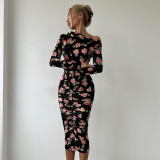 Print Long Sleeve Ruched Midi Dress GSLF-K25D83941