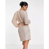 Plus Size Long Sleeve Sequin Tie Up Mini Dress GYOM-8919