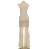 Solid Color Mesh Patchwork Sleeveless Maxi Dress GSLF-K25D86497