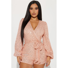 Long Sleeve Sequin Solid Color Belt Romper GYOM-8930