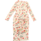 Print Long Sleeve Ruched Midi Dress GSLF-K25D83941
