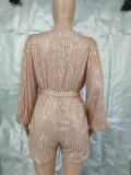 Long Sleeve Sequin Solid Color Belt Romper GYOM-8930