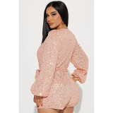 Long Sleeve Sequin Solid Color Belt Romper GYOM-8930