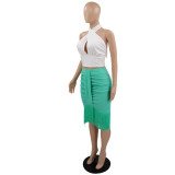 Cross Halterneck Tops Tassel Skirt 2 Piece Set GYLY-9660