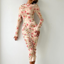 Print Long Sleeve Ruched Midi Dress GSLF-K25D83941
