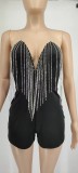 Rhinestone Deep V-Neck Tassel  Wrap Romper GYOM-8855