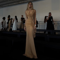 Ruched Deep V Neck Backless Maxi Dress GSLF-K25D85170