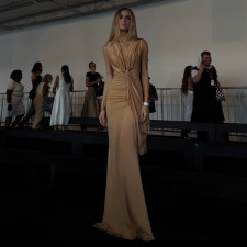 Ruched Deep V Neck Backless Maxi Dress GSLF-K25D85170