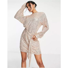 Plus Size Long Sleeve Sequin Tie Up Mini Dress GYOM-8919