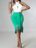 Cross Halterneck Tops Tassel Skirt 2 Piece Set GYLY-9660