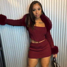 Long Sleeve Patchwork Furrzy Neck Three Piece Skirt Set GSLF-K25S85367