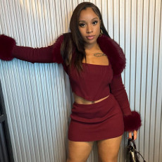 Long Sleeve Patchwork Furrzy Neck Three Piece Skirt Set GSLF-K25S85367