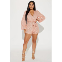 Long Sleeve Sequin Solid Color Belt Romper GYOM-8930