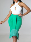 Cross Halterneck Tops Tassel Skirt 2 Piece Set GYLY-9660