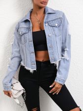 Loose Holes Long Sleeve Short Denim Jackets GYXN-35705