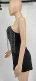 Rhinestone Deep V-Neck Tassel  Wrap Romper GYOM-8855