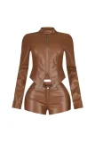 Retro Zipper Short Sleeve Two Piece Shorts Set XMCS-1007