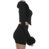 Long Sleeve Patchwork Furrzy Neck Three Piece Skirt Set GSLF-K25S85367