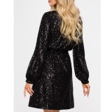 Plus Size Long Sleeve Sequin Tie Up Mini Dress GYOM-8919