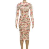 Print Long Sleeve Ruched Midi Dress GSLF-K25D83941