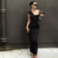 Slash Shoulder Ruched Patchwork Maxi Dress GSLF-K25D86620