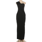 Slash Shoulder Ruched Patchwork Maxi Dress GSLF-K25D86620