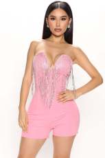 Rhinestone Deep V-Neck Tassel  Wrap Romper GYOM-8855