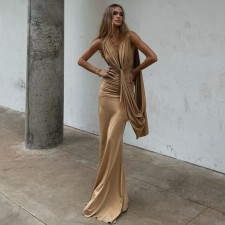 Ruched Deep V Neck Backless Maxi Dress GSLF-K25D85170