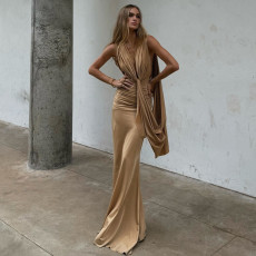 Ruched Deep V Neck Backless Maxi Dress GSLF-K25D85170